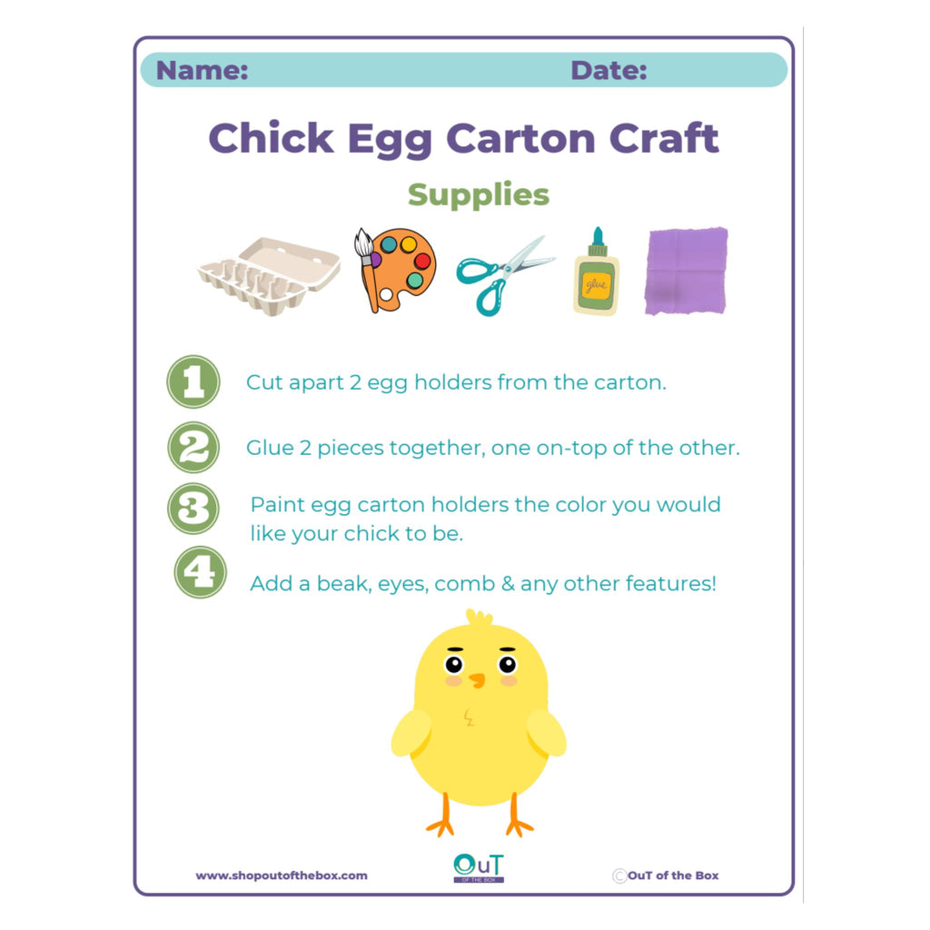 Instructions for a Chick Egg Carton Craft with supplies listed and a cartoon chick at the bottom.