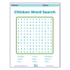 Chicken word search puzzle with a grid and hidden words on a white background.