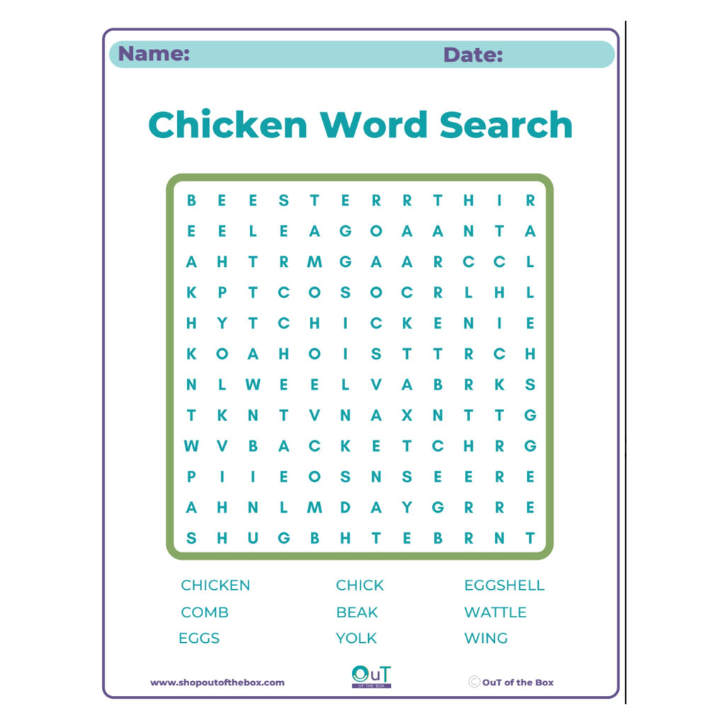 Chicken word search puzzle with a grid and hidden words on a white background.