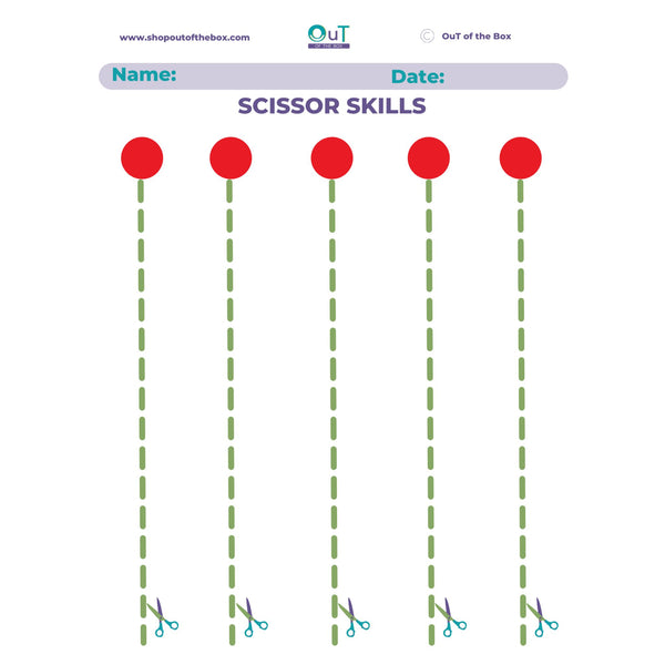 Scissor skills practice sheet with red circles and scissors at the bottom